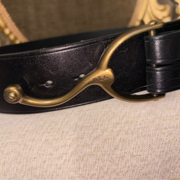 Ralph Lauren Black Double-Strap Leather Belt with Brass Buckles - Picture 2 of 4